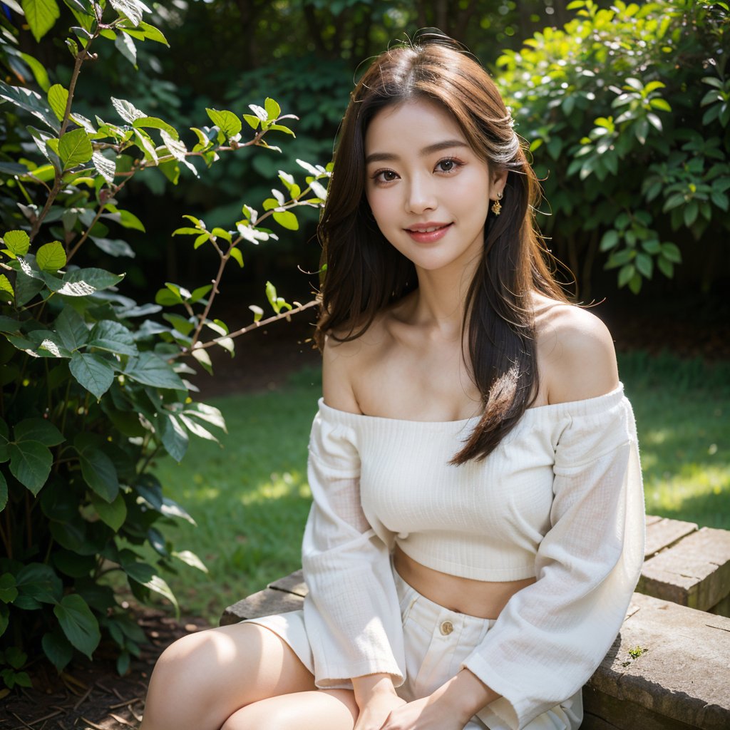 8k, highest quality, ultra details, masterpiece, photorealistic, raw photo, 1girl, long hair, blouse, light smile, detailed skin, pore, off-shoulder, low key, tranquil garden setting.