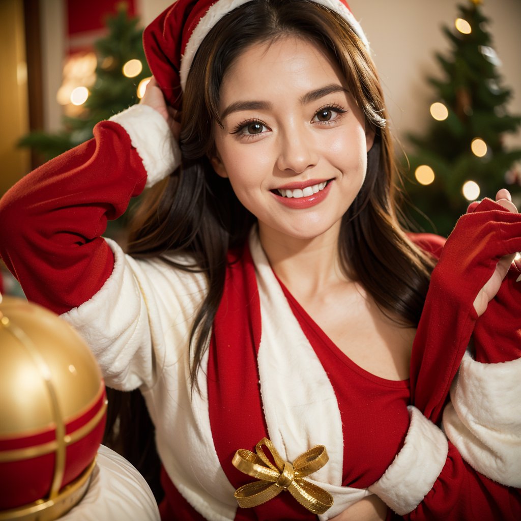 Festive and joyful Christmas portrait photography of a woman dressed as Santa Claus, holding Christmas gifts in her hands. Capture the spirit of the holiday season by using warm, cozy lighting and incorporating traditional Christmas decorations as a backdrop. Focus on the woman's joyful expression and the excitement in her eyes, conveying the anticipation and happiness of gift-giving during this special time of year. Experiment with different poses and angles to create a cheerful and heartwarming atmosphere.