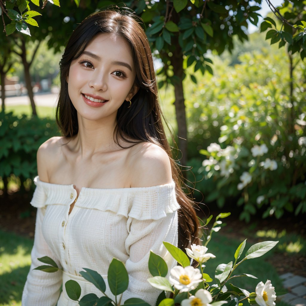 8k, highest quality, ultra details, masterpiece, photorealistic, raw photo, 1girl, long hair, blouse, light smile, detailed skin, pore, off-shoulder, low key, tranquil garden setting.