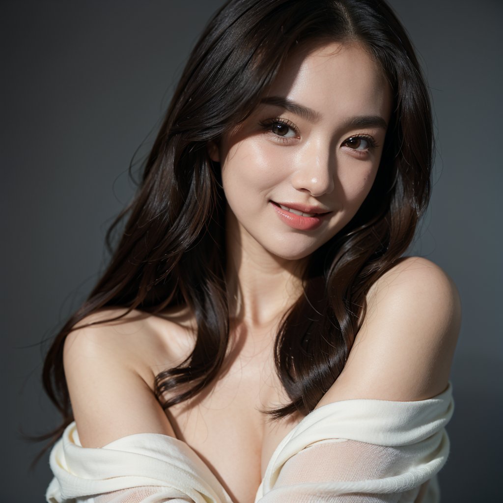 masterpiece, best quality, photorealistic, raw photo, 1girl, long hair, blouse, light smile, detailed skin, pore, off_shoulder, low key, black_background.Zoey,