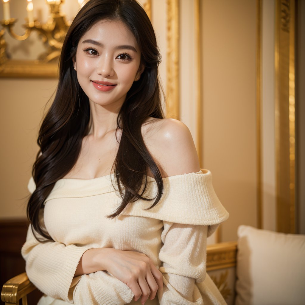 8k, highest quality, ultra details, masterpiece, photorealistic, raw photo, 1girl, long hair, blouse, light smile, detailed skin, pore, off-shoulder, low key, elegant ballroom ambiance.