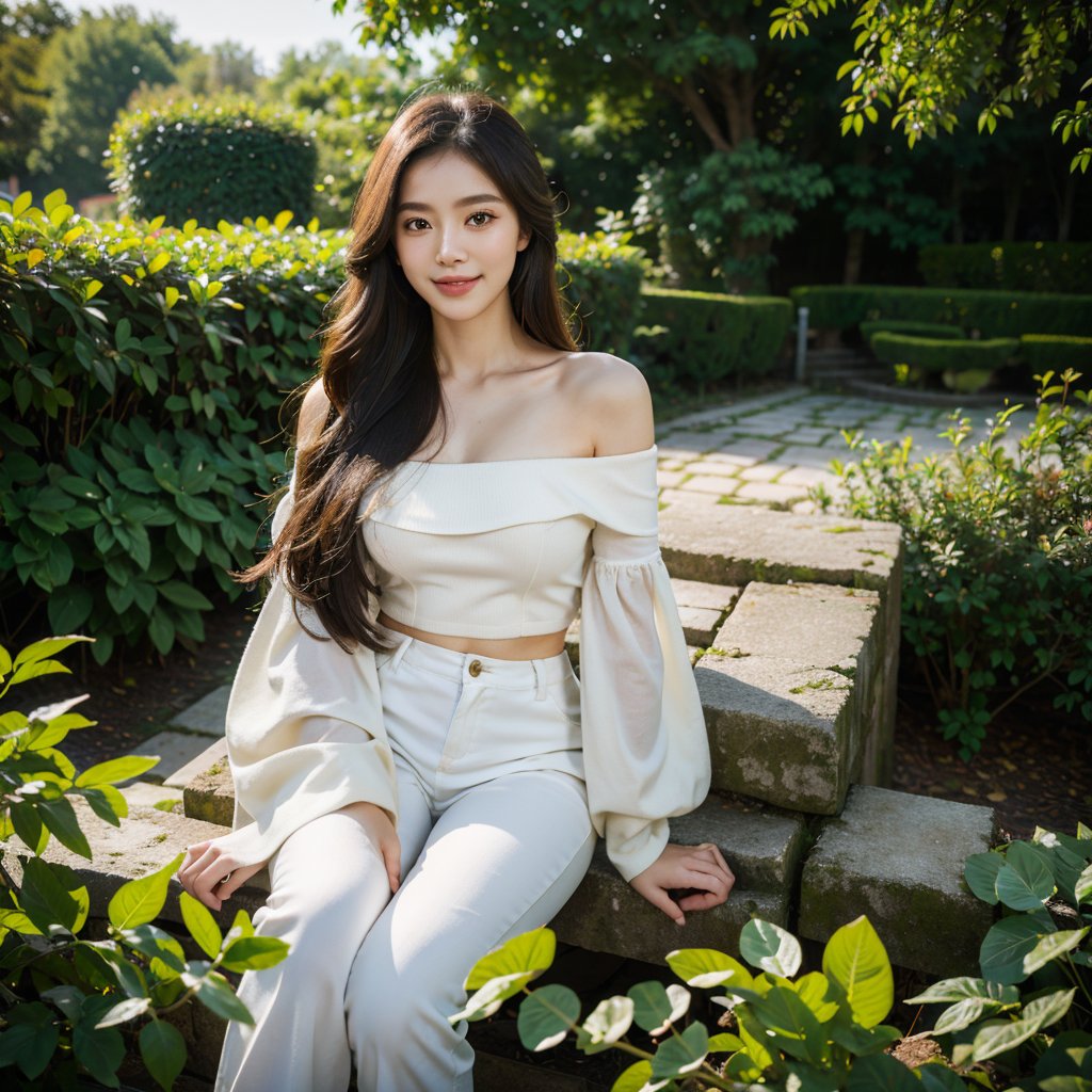 8k, highest quality, ultra details, masterpiece, photorealistic, raw photo, 1girl, long hair, blouse, light smile, detailed skin, pore, off-shoulder, low key, tranquil garden setting.