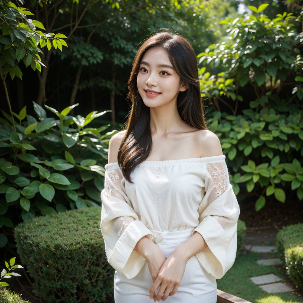 8k, highest quality, ultra details, masterpiece, photorealistic, raw photo, 1girl, long hair, blouse, light smile, detailed skin, pore, off-shoulder, low key, tranquil garden setting.