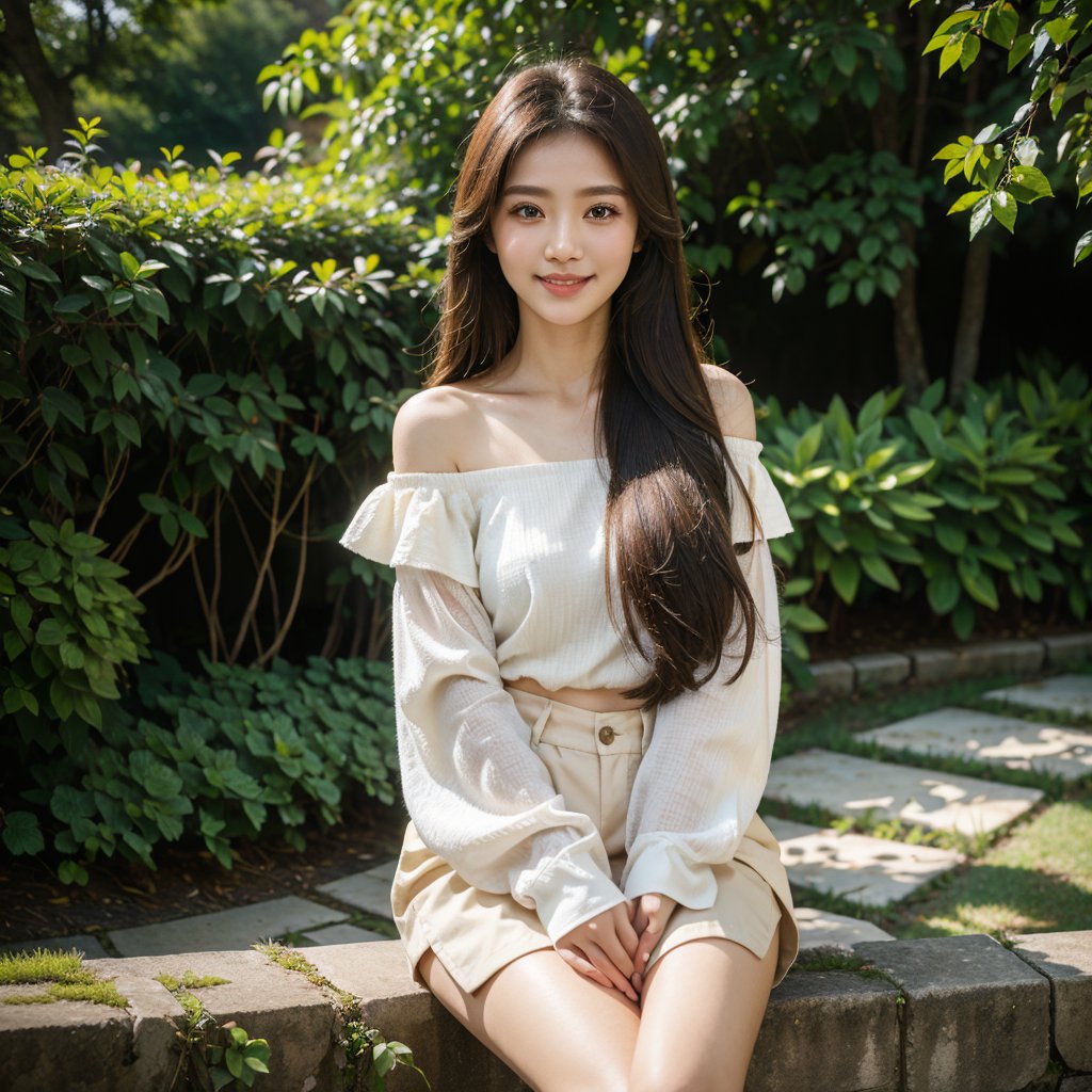 8k, highest quality, ultra details, masterpiece, photorealistic, raw photo, 1girl, long hair, blouse, light smile, detailed skin, pore, off-shoulder, low key, tranquil garden setting.