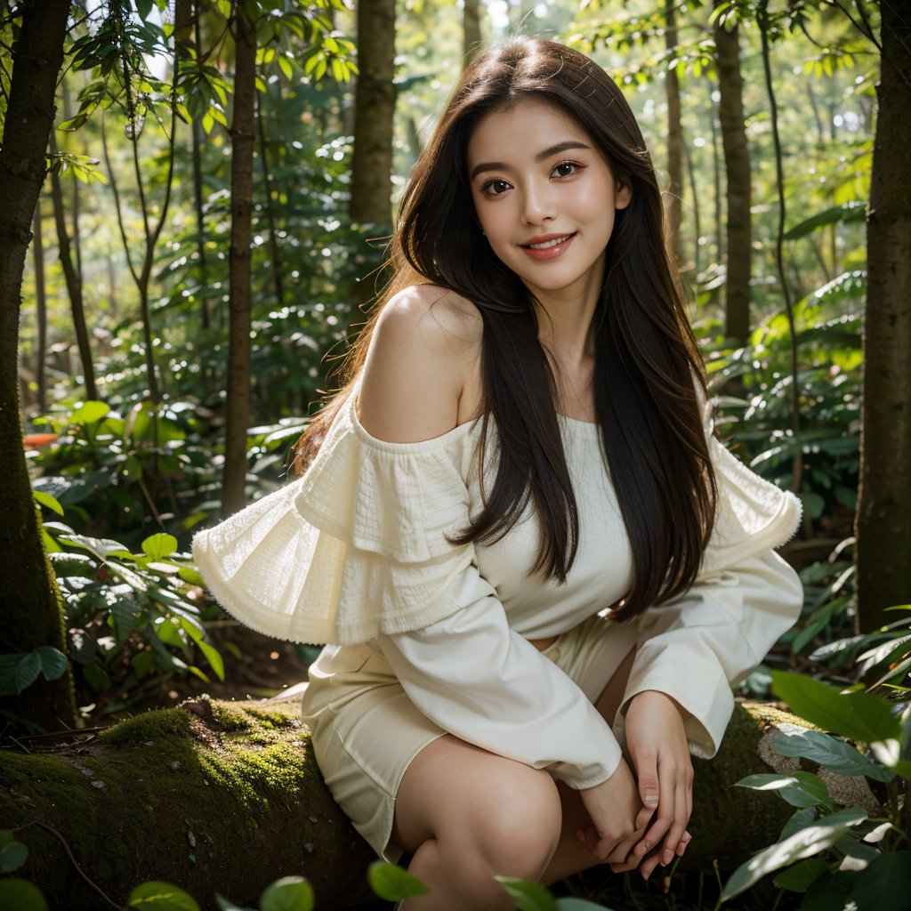8k, highest quality, ultra details, masterpiece, best quality, photorealistic, raw photo, 1girl, long hair, blouse, light smile, detailed skin, pore, off-shoulder, low key, mystical forest setting.