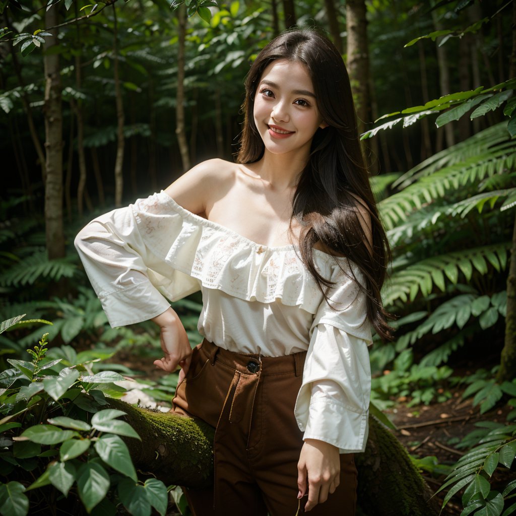 8k, highest quality, ultra details, masterpiece, best quality, photorealistic, raw photo, 1girl, long hair, blouse, light smile, detailed skin, pore, off-shoulder, low key, mystical forest setting.