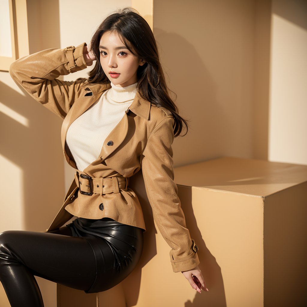 {{Beautiful and detailed eyes},
Detailed face, detailed eyes, thin face, real hands, cute Korean girlfriend 25 years old girl, perfect model body, big breasts, looking at camera, dynamic pose, orange turtleneck sweater, golden buckle belt, black leather pencil skirt, ((trench coat)), black leather knee boots, urban,Zoey,