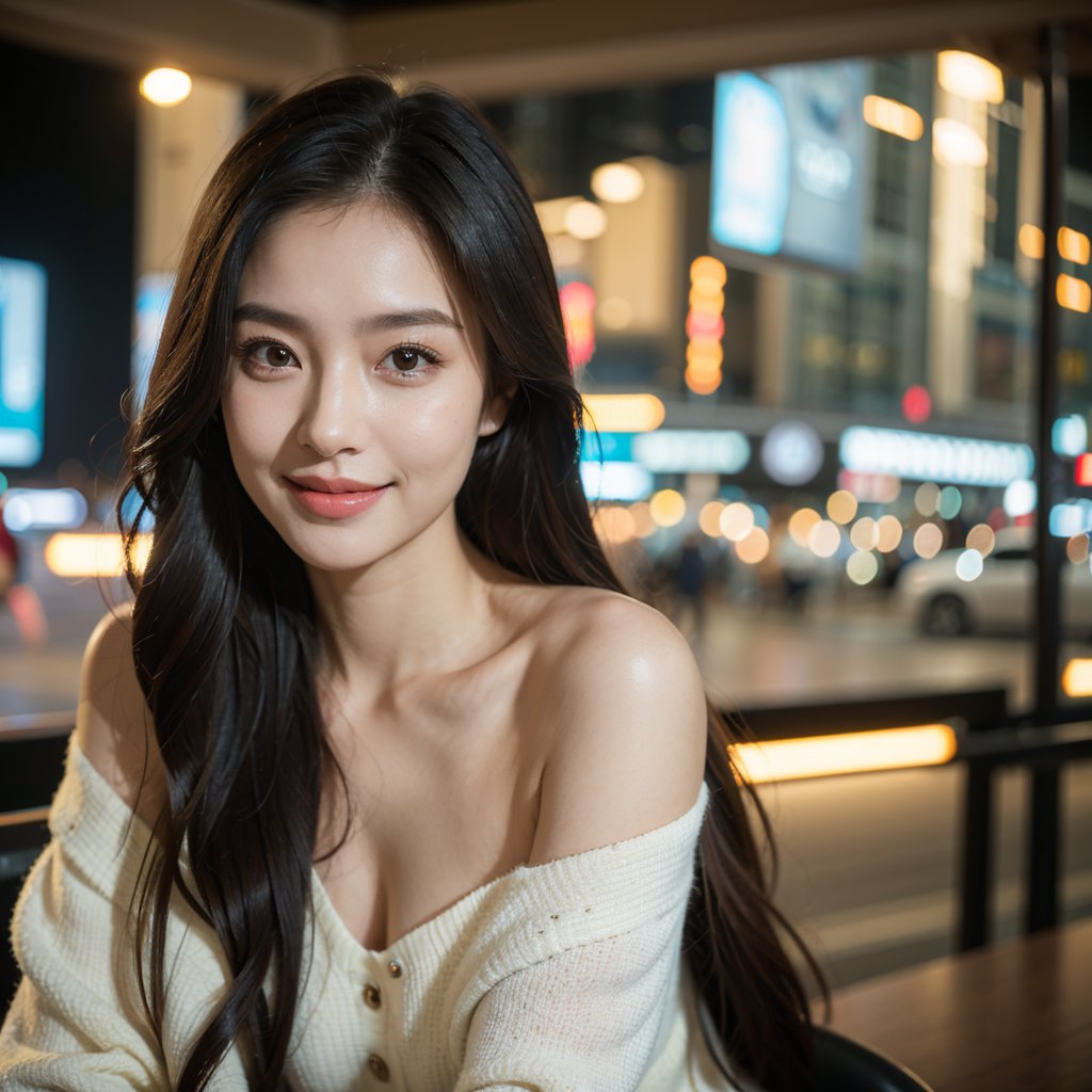 8k, highest quality, ultra details, masterpiece, photorealistic, raw photo, 1girl, long hair, blouse, light smile, detailed skin, pore, off-shoulder, low key, futuristic sci-fi city.