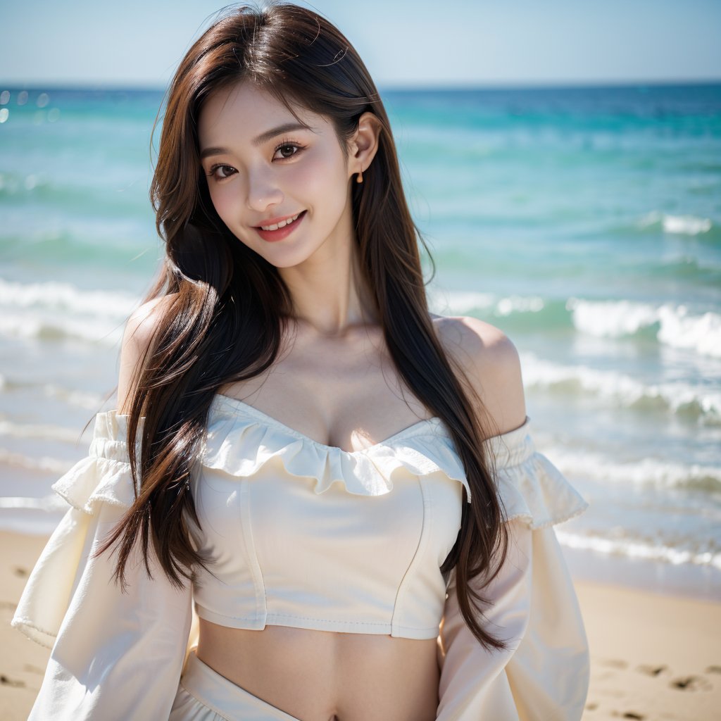 8k, highest quality, ultra details, masterpiece, best quality, photorealistic, raw photo, 1girl, long hair, blouse, light smile, detailed skin, pore, off-shoulder, low key, dreamy beach scene.