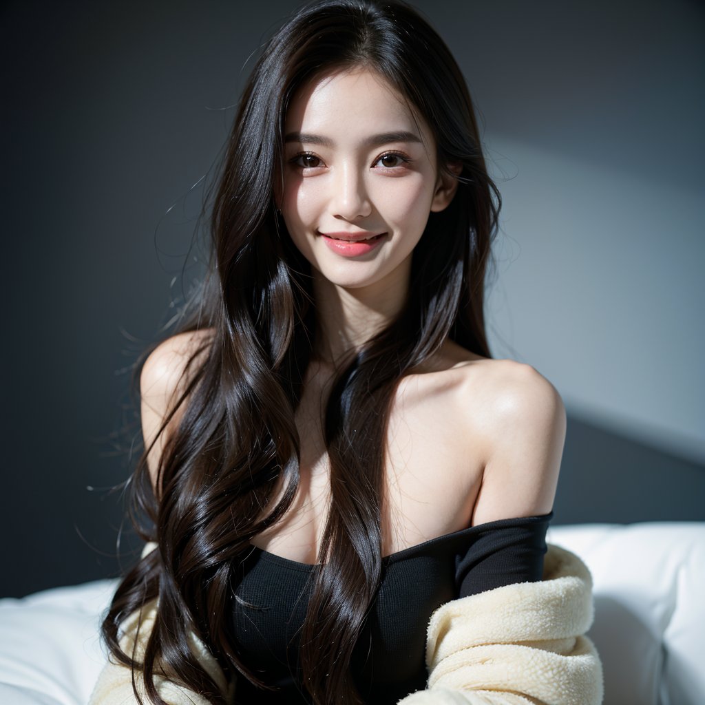 masterpiece, best quality, photorealistic, raw photo, 1girl, long hair, blouse, light smile, detailed skin, pore, off_shoulder, low key, black_background.Stella,
