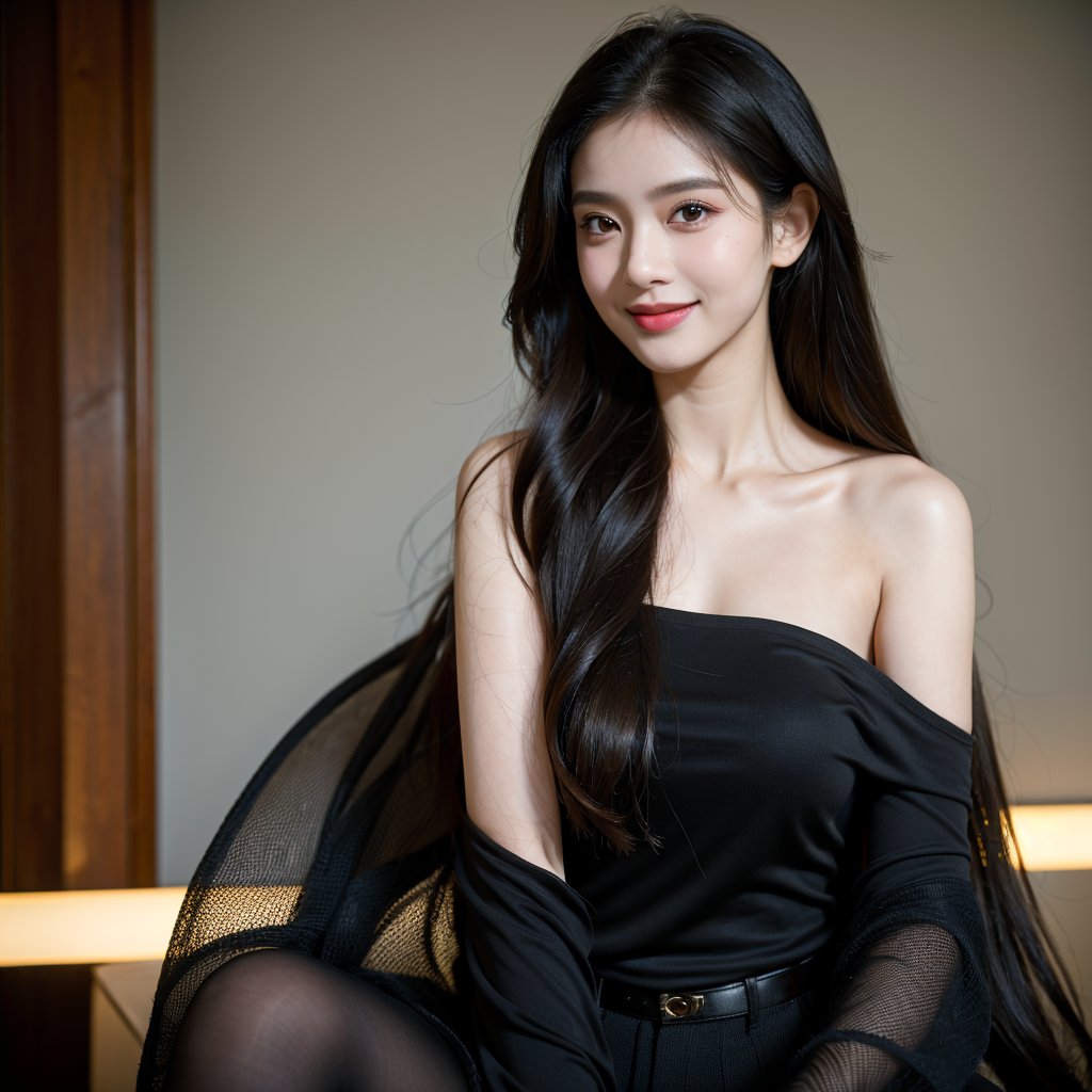 8k, highest quality, ultra details, masterpiece, best quality, photorealistic, raw photo, 1girl, long hair, blouse, light smile, detailed skin, pore, off-shoulder, low key, black background, Asha, elegant indoor setting.Stella,