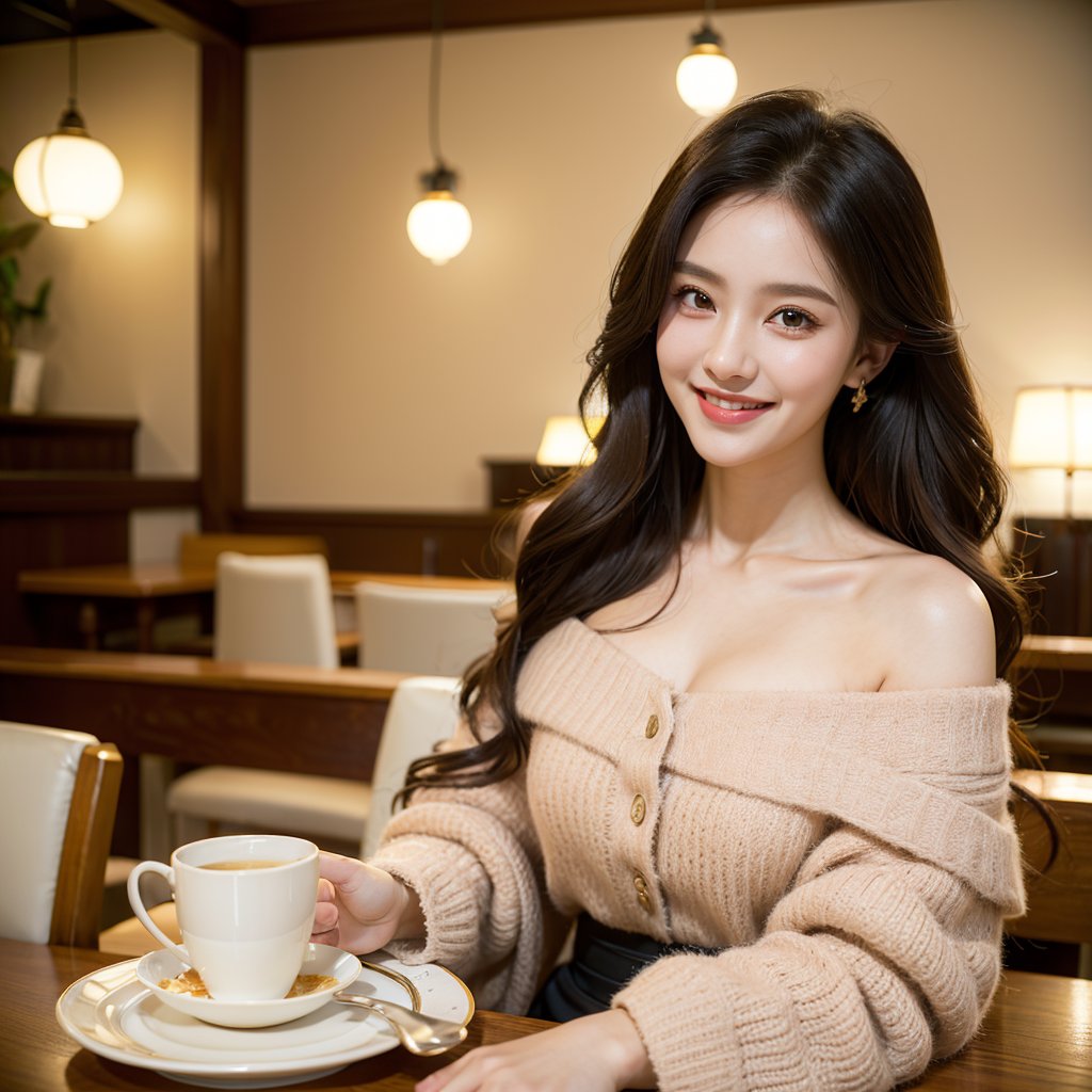 8k, highest quality, ultra details, masterpiece, best quality, photorealistic, raw photo, 1girl, long hair, blouse, light smile, detailed skin, pore, off-shoulder, low key, cozy cafe atmosphere.