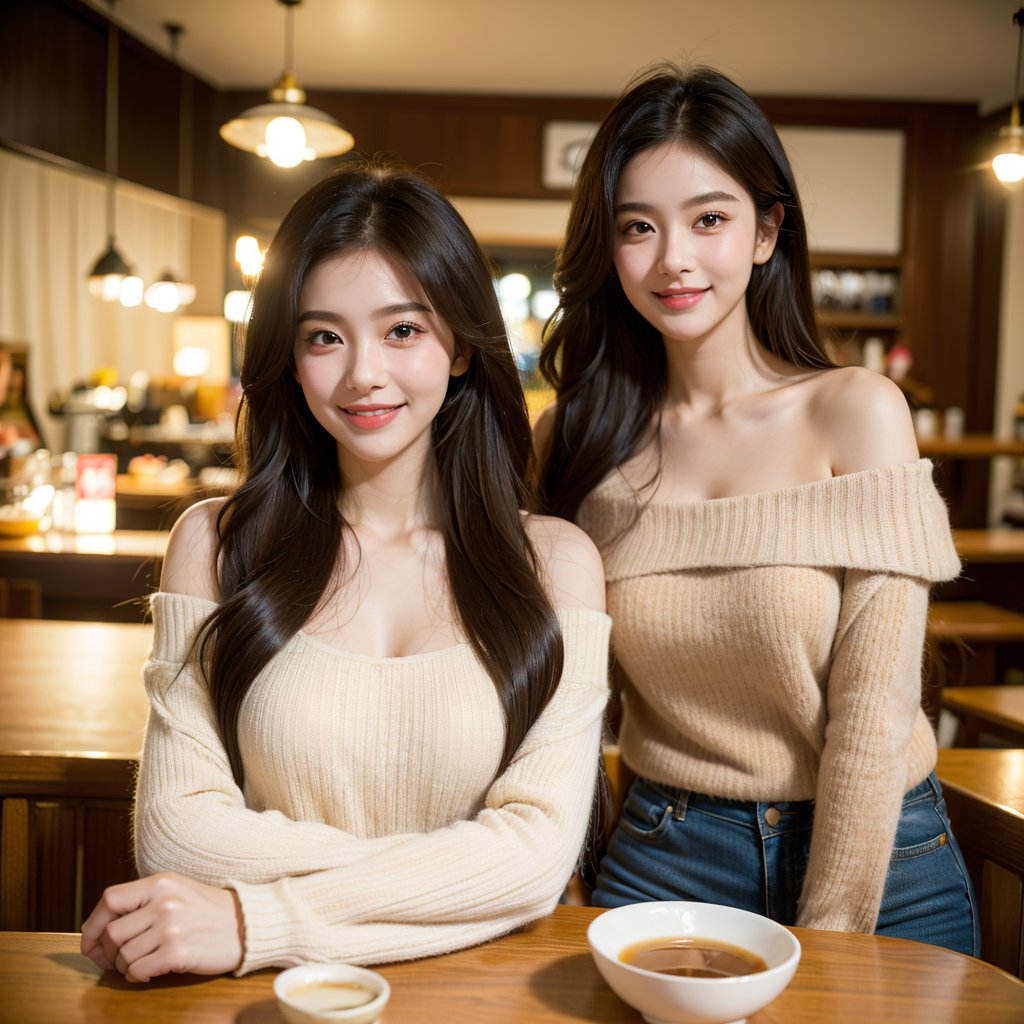 8k, highest quality, ultra details, masterpiece, best quality, photorealistic, raw photo, 1girl, long hair, blouse, light smile, detailed skin, pore, off-shoulder, low key, cozy cafe atmosphere.