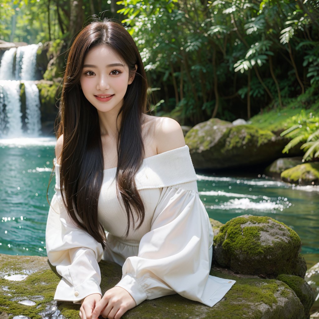 8k, highest quality, ultra details, masterpiece, photorealistic, raw photo, 1girl, long hair, blouse, light smile, detailed skin, pore, off-shoulder, low key, enchanting waterfall backdrop.