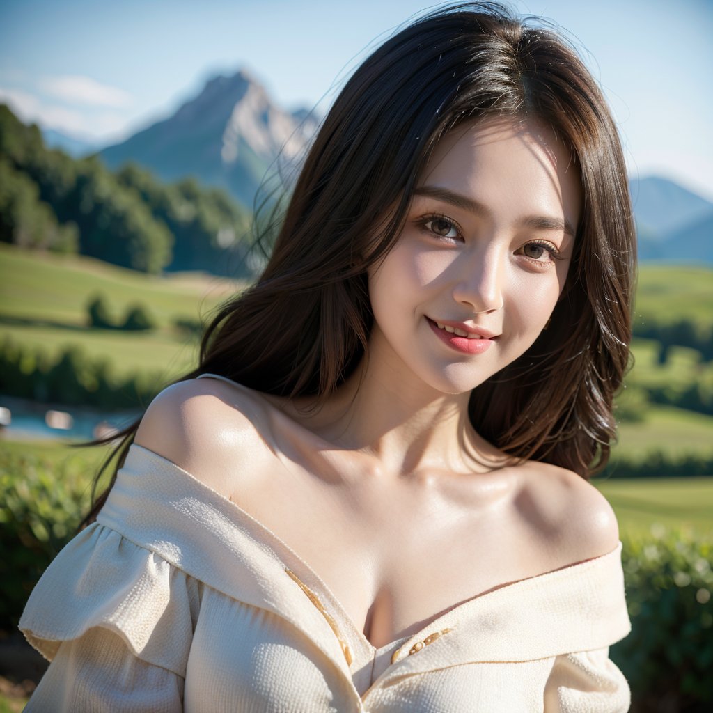 8k, highest quality, ultra details, masterpiece, best quality, photorealistic, raw photo, 1girl, long hair, blouse, light smile, detailed skin, pore, off-shoulder, low key, serene mountain landscape.