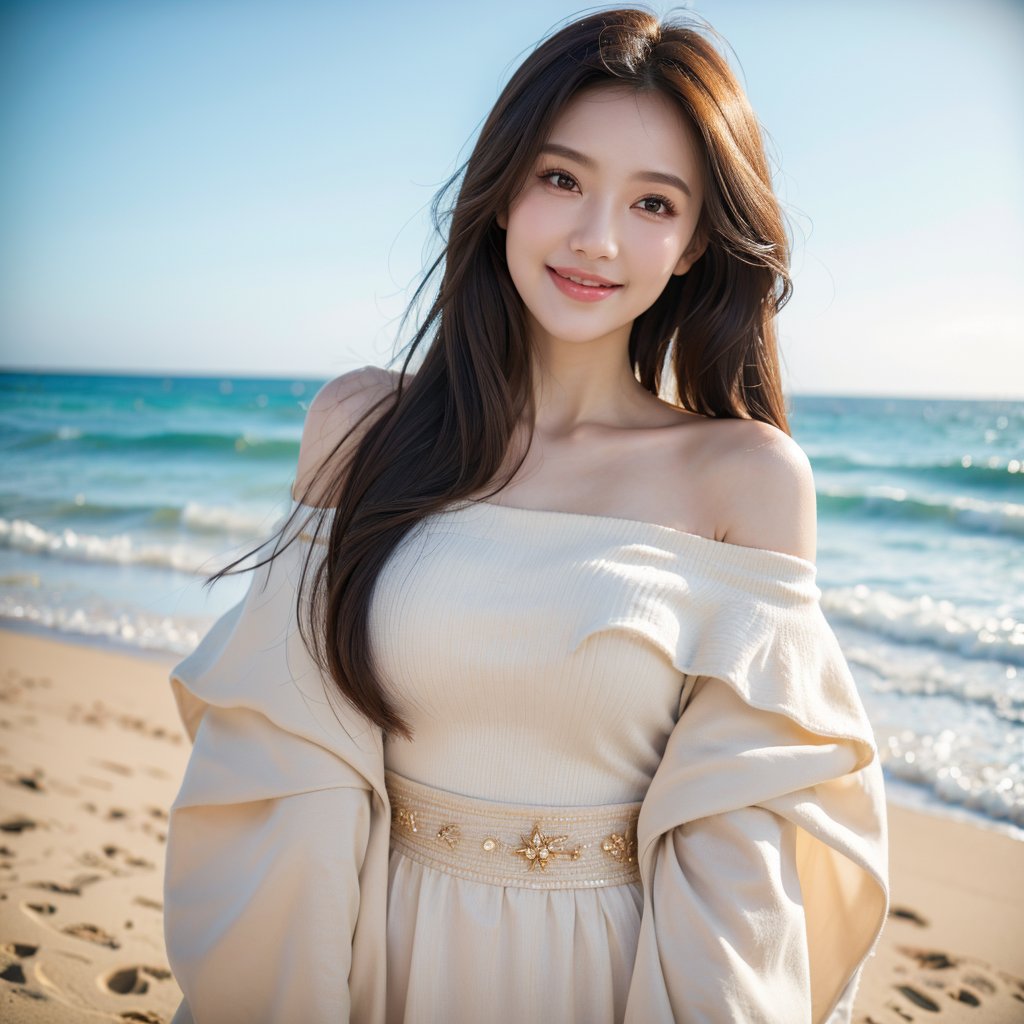 8k, highest quality, ultra details, masterpiece, best quality, photorealistic, raw photo, 1girl, long hair, blouse, light smile, detailed skin, pore, off-shoulder, low key, dreamy beach scene.