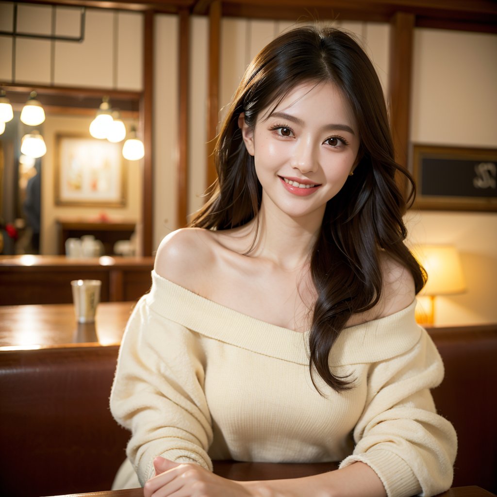 8k, highest quality, ultra details, masterpiece, best quality, photorealistic, raw photo, 1girl, long hair, blouse, light smile, detailed skin, pore, off-shoulder, low key, cozy cafe atmosphere.
