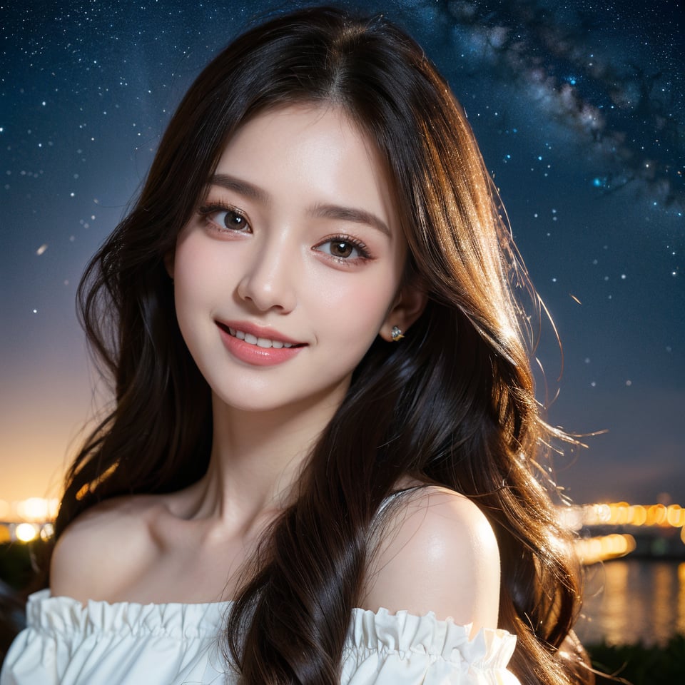 8k, highest quality, ultra details, masterpiece, best quality, photorealistic, raw photo, 1girl, long hair, blouse, light smile, detailed skin, pore, off-shoulder, low key, magical starry night sky.

