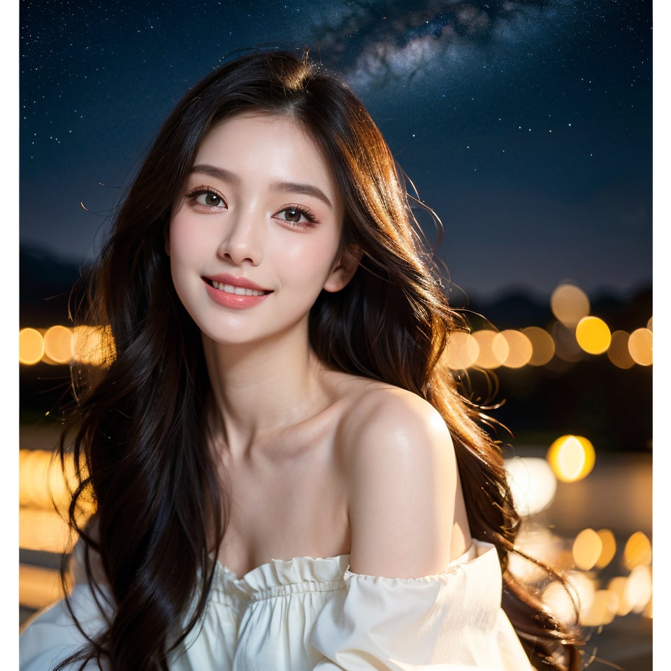 8k, highest quality, ultra details, masterpiece, best quality, photorealistic, raw photo, 1girl, long hair, blouse, light smile, detailed skin, pore, off-shoulder, low key, magical starry night sky.

