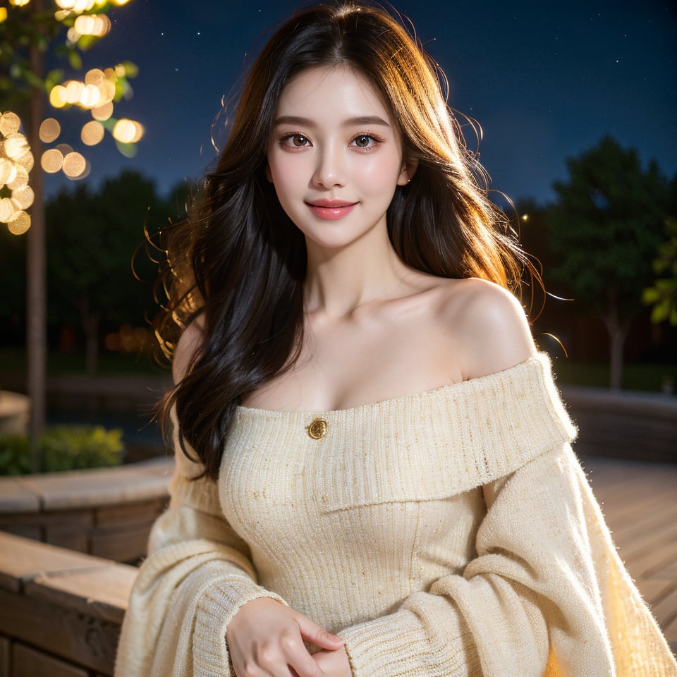 8k, highest quality, ultra details, masterpiece, best quality, photorealistic, raw photo, 1girl, long hair, blouse, light smile, detailed skin, pore, off-shoulder, low key, magical starry night sky.

