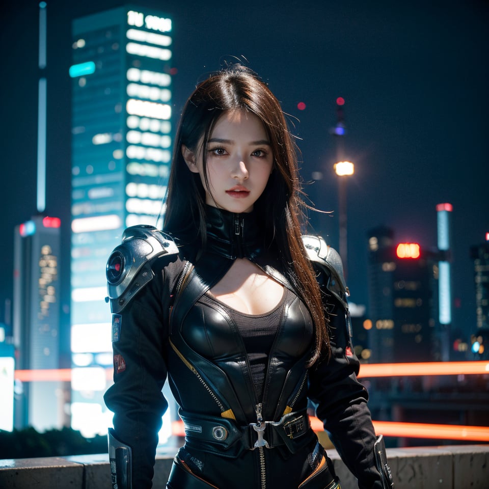 8k, highest quality, ultra details, masterpiece, best quality, photorealistic, raw photo, 1girl, futuristic outfit, intense action, cyberpunk cityscape.