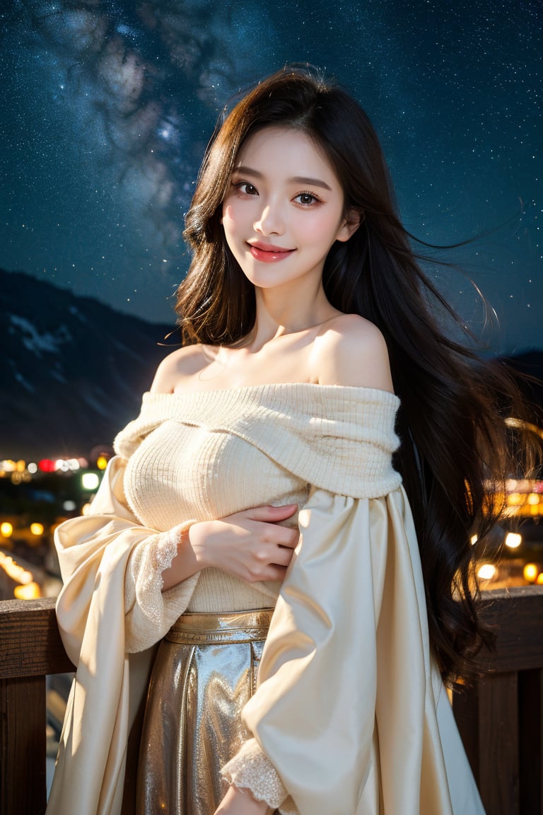 8k, highest quality, ultra details, masterpiece, best quality, photorealistic, raw photo, 1girl, long hair, blouse, light smile, detailed skin, pore, off-shoulder, low key, magical starry night sky.

