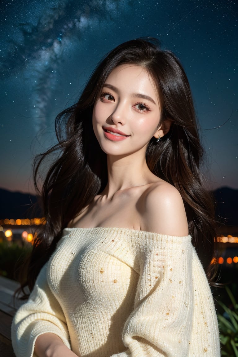 8k, highest quality, ultra details, masterpiece, best quality, photorealistic, raw photo, 1girl, long hair, blouse, light smile, detailed skin, pore, off-shoulder, low key, magical starry night sky.


