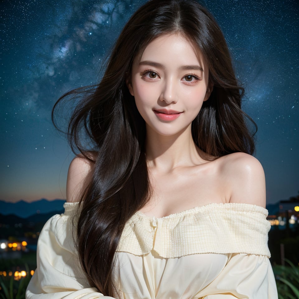 8k, highest quality, ultra details, masterpiece, best quality, photorealistic, raw photo, 1girl, long hair, blouse, light smile, detailed skin, pore, off-shoulder, low key, magical starry night sky.

