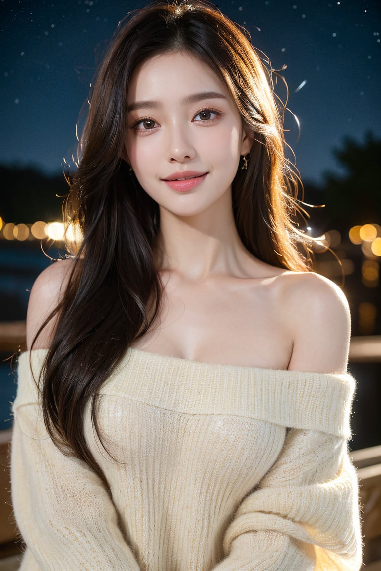 8k, highest quality, ultra details, masterpiece, best quality, photorealistic, raw photo, 1girl, long hair, blouse, light smile, detailed skin, pore, off-shoulder, low key, magical starry night sky.

