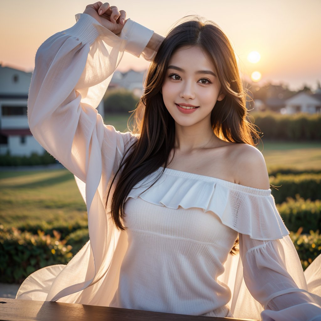 8k, highest quality, ultra details, masterpiece, best quality, photorealistic, raw photo, 1girl, long hair, blouse, light smile, detailed skin, pore, off-shoulder, low key, dramatic sunset backdrop.