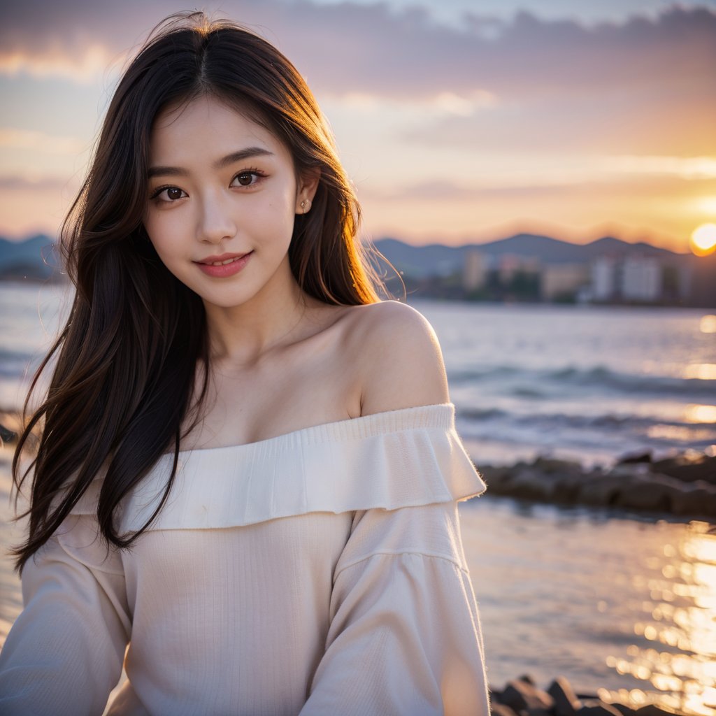 8k, highest quality, ultra details, masterpiece, best quality, photorealistic, raw photo, 1girl, long hair, blouse, light smile, detailed skin, pore, off-shoulder, low key, dramatic sunset backdrop.