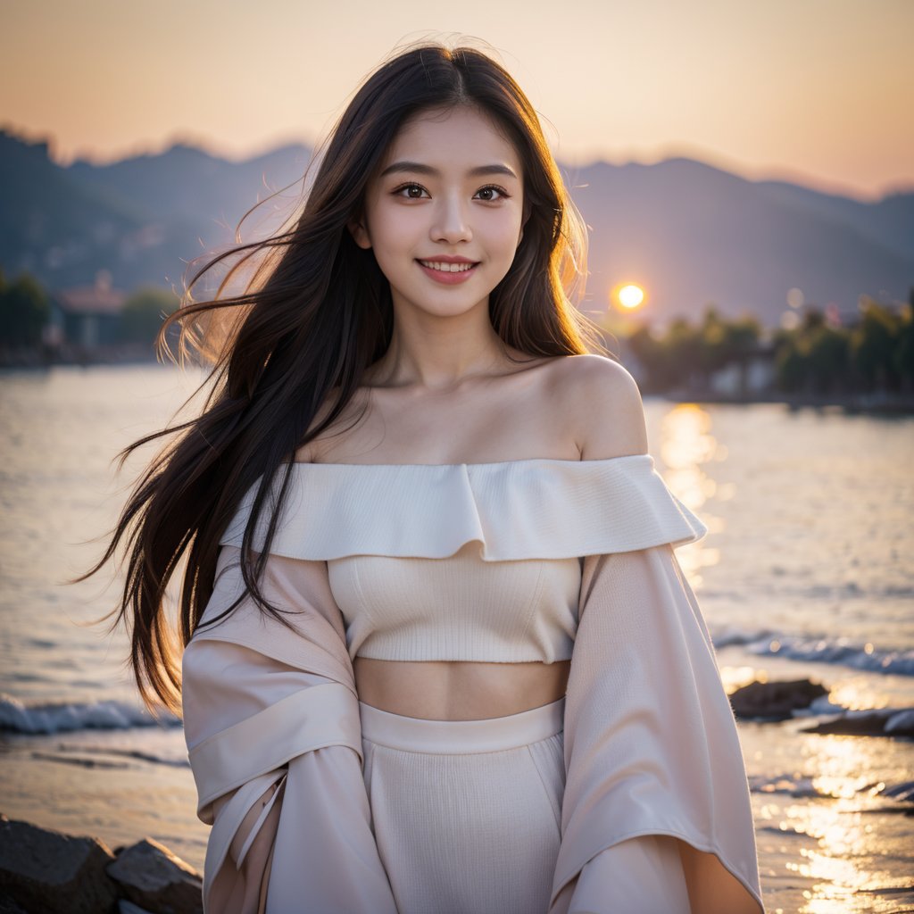 8k, highest quality, ultra details, masterpiece, best quality, photorealistic, raw photo, 1girl, long hair, blouse, light smile, detailed skin, pore, off-shoulder, low key, dramatic sunset backdrop.