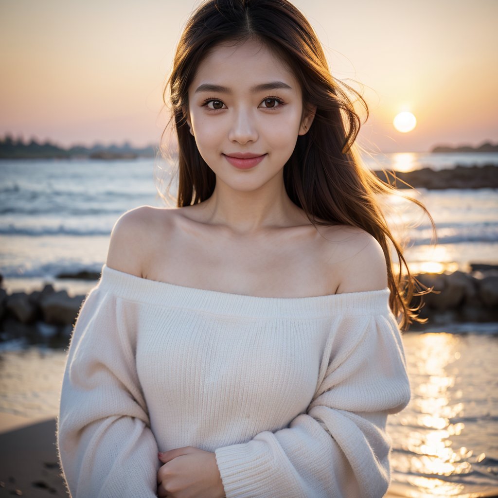 8k, highest quality, ultra details, masterpiece, best quality, photorealistic, raw photo, 1girl, long hair, blouse, light smile, detailed skin, pore, off-shoulder, low key, dramatic sunset backdrop.