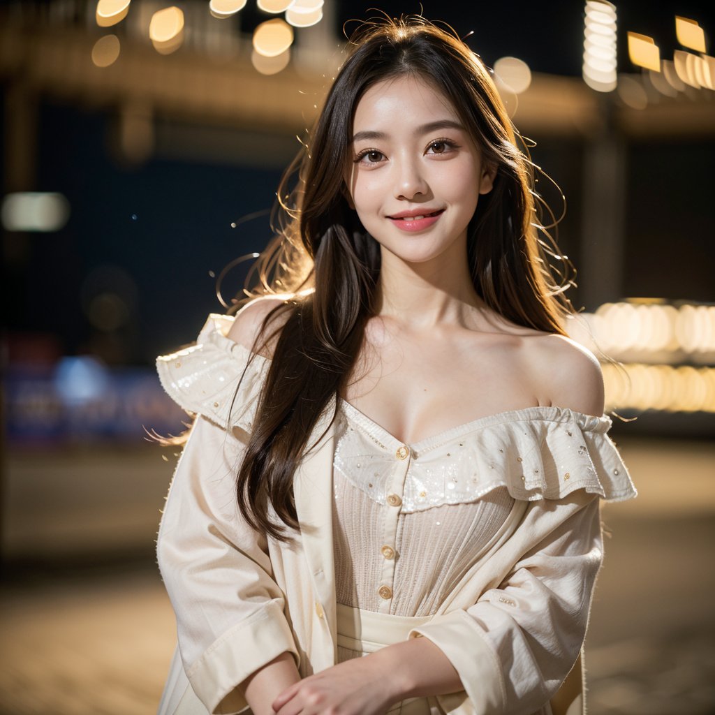 8k, highest quality, ultra details, masterpiece, best quality, photorealistic, raw photo, 1girl, long hair, blouse, light smile, detailed skin, pore, off-shoulder, low key, magical starry night sky.

