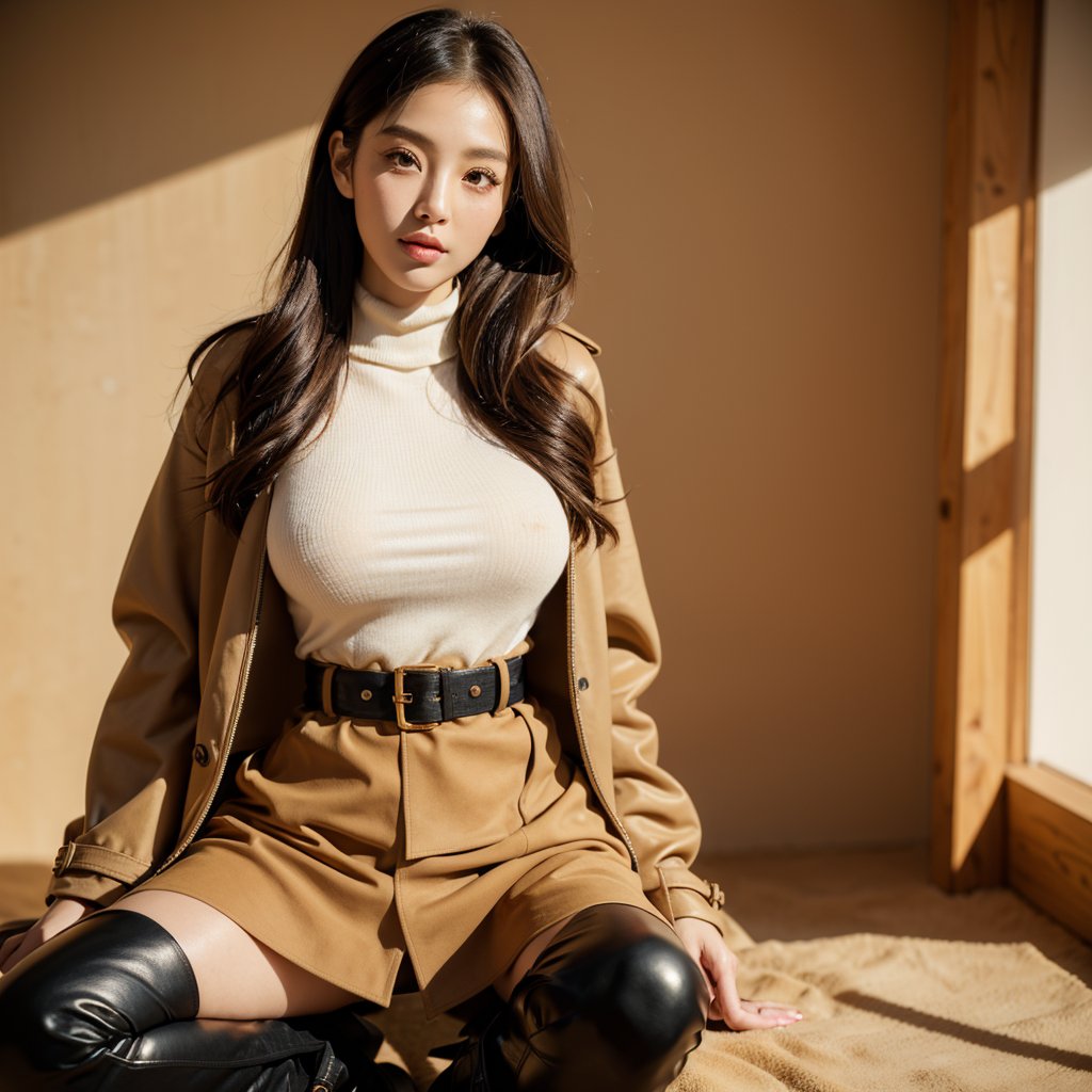 {{Beautiful and detailed eyes},
Detailed face, detailed eyes, thin face, real hands, cute Korean girlfriend 25 years old girl, perfect model body, big breasts, looking at camera, dynamic pose, orange turtleneck sweater, golden buckle belt, black leather pencil skirt, ((trench coat)), black leather knee boots, urban,Skylar