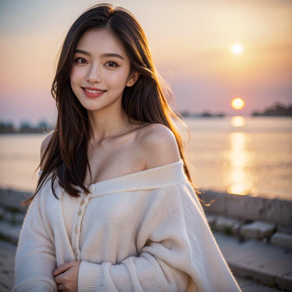 8k, highest quality, ultra details, masterpiece, best quality, photorealistic, raw photo, 1girl, long hair, blouse, light smile, detailed skin, pore, off-shoulder, low key, dramatic sunset backdrop.