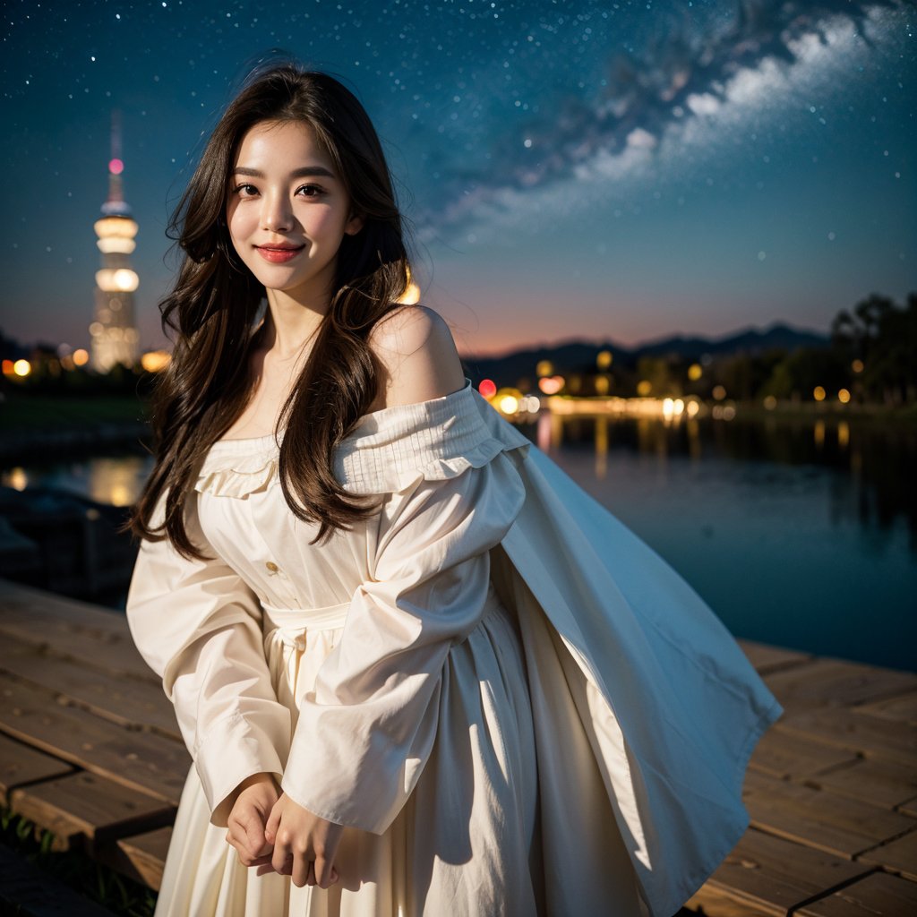 8k, highest quality, ultra details, masterpiece, best quality, photorealistic, raw photo, 1girl, long hair, blouse, light smile, detailed skin, pore, off-shoulder, low key, magical starry night sky.

