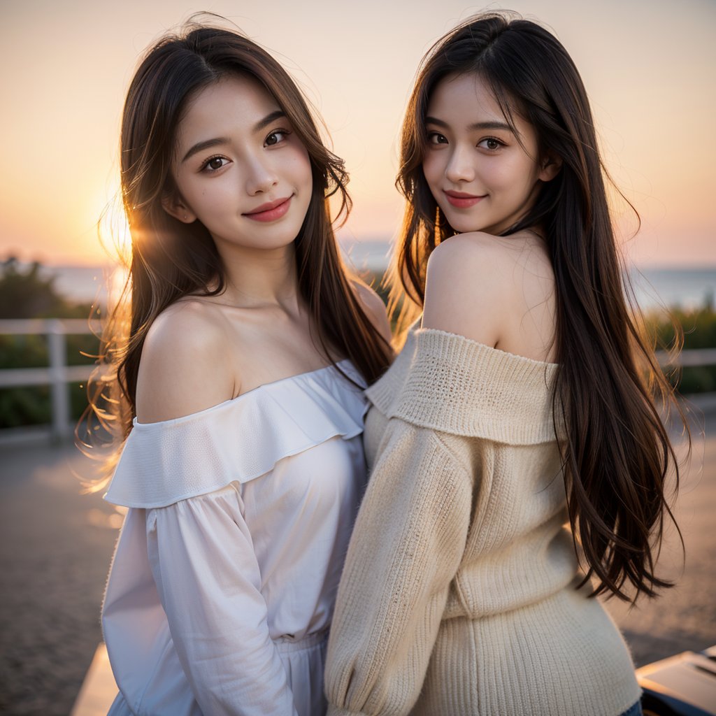 8k, highest quality, ultra details, masterpiece, best quality, photorealistic, raw photo, 1girl, long hair, blouse, light smile, detailed skin, pore, off-shoulder, low key, dramatic sunset backdrop.