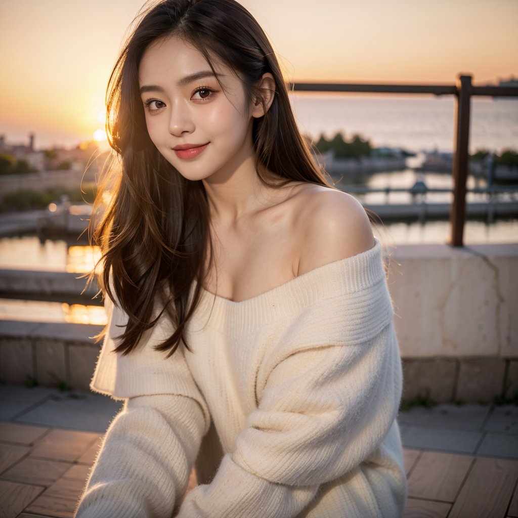 8k, highest quality, ultra details, masterpiece, best quality, photorealistic, raw photo, 1girl, long hair, blouse, light smile, detailed skin, pore, off-shoulder, low key, dramatic sunset backdrop.