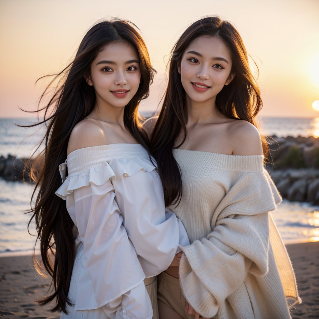 8k, highest quality, ultra details, masterpiece, best quality, photorealistic, raw photo, 1girl, long hair, blouse, light smile, detailed skin, pore, off-shoulder, low key, dramatic sunset backdrop.