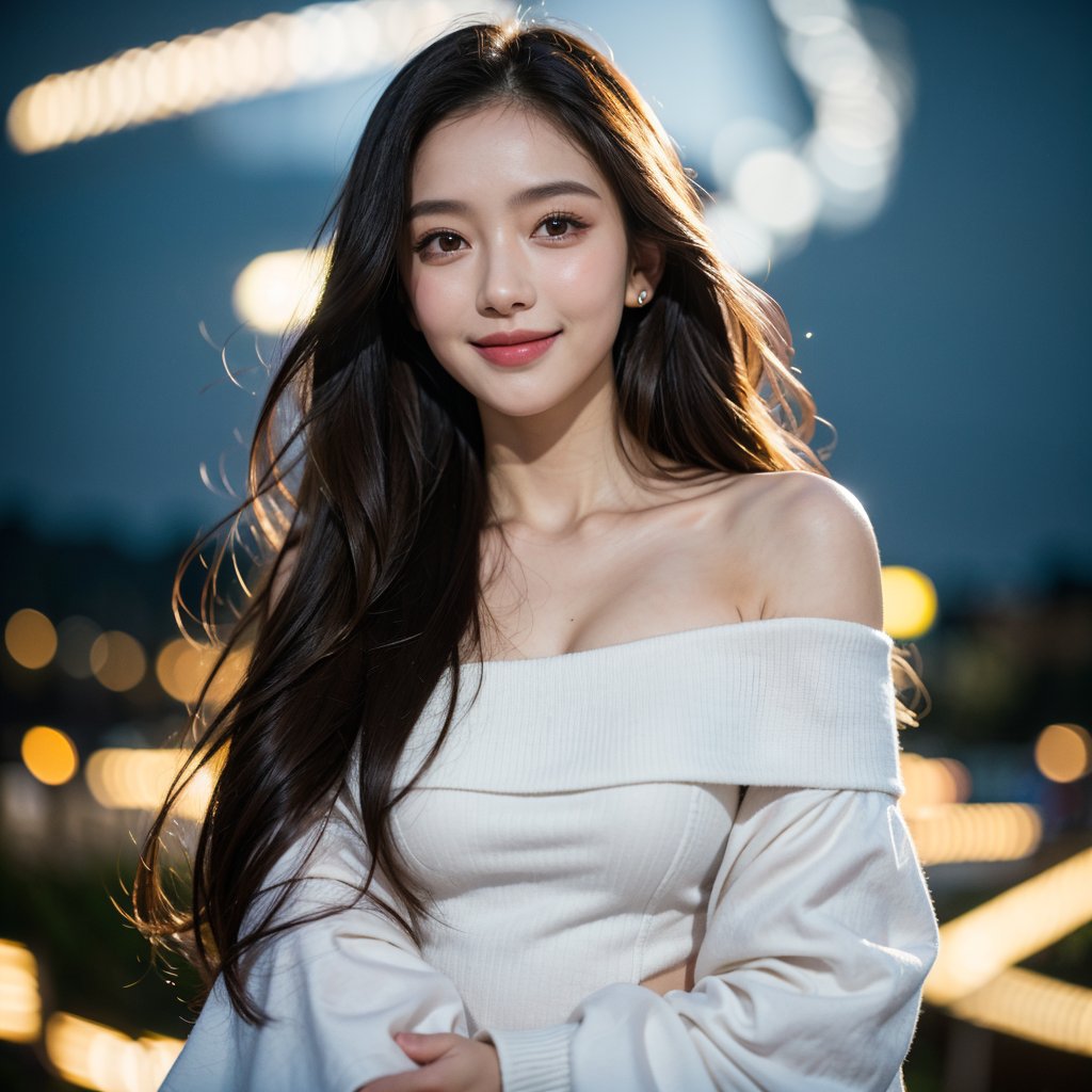 8k, highest quality, ultra details, masterpiece, best quality, photorealistic, raw photo, 1girl, long hair, blouse, light smile, detailed skin, pore, off-shoulder, low key, magical starry night sky.

