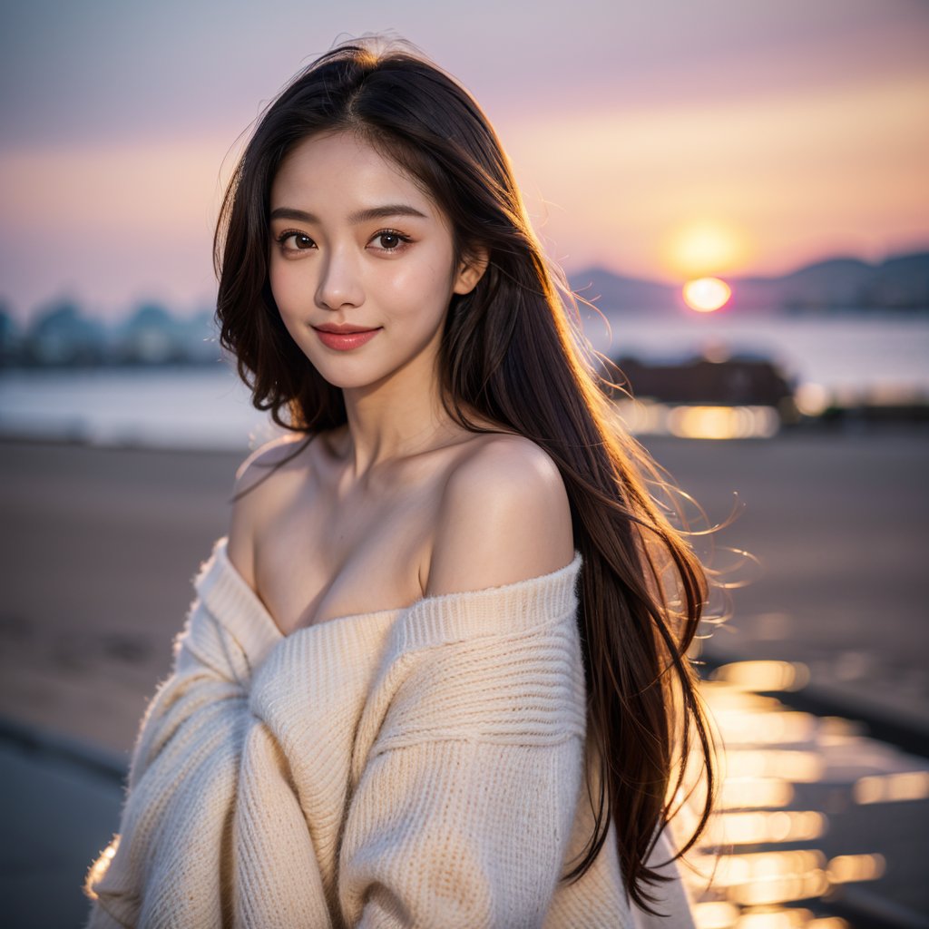 8k, highest quality, ultra details, masterpiece, best quality, photorealistic, raw photo, 1girl, long hair, blouse, light smile, detailed skin, pore, off-shoulder, low key, dramatic sunset backdrop.