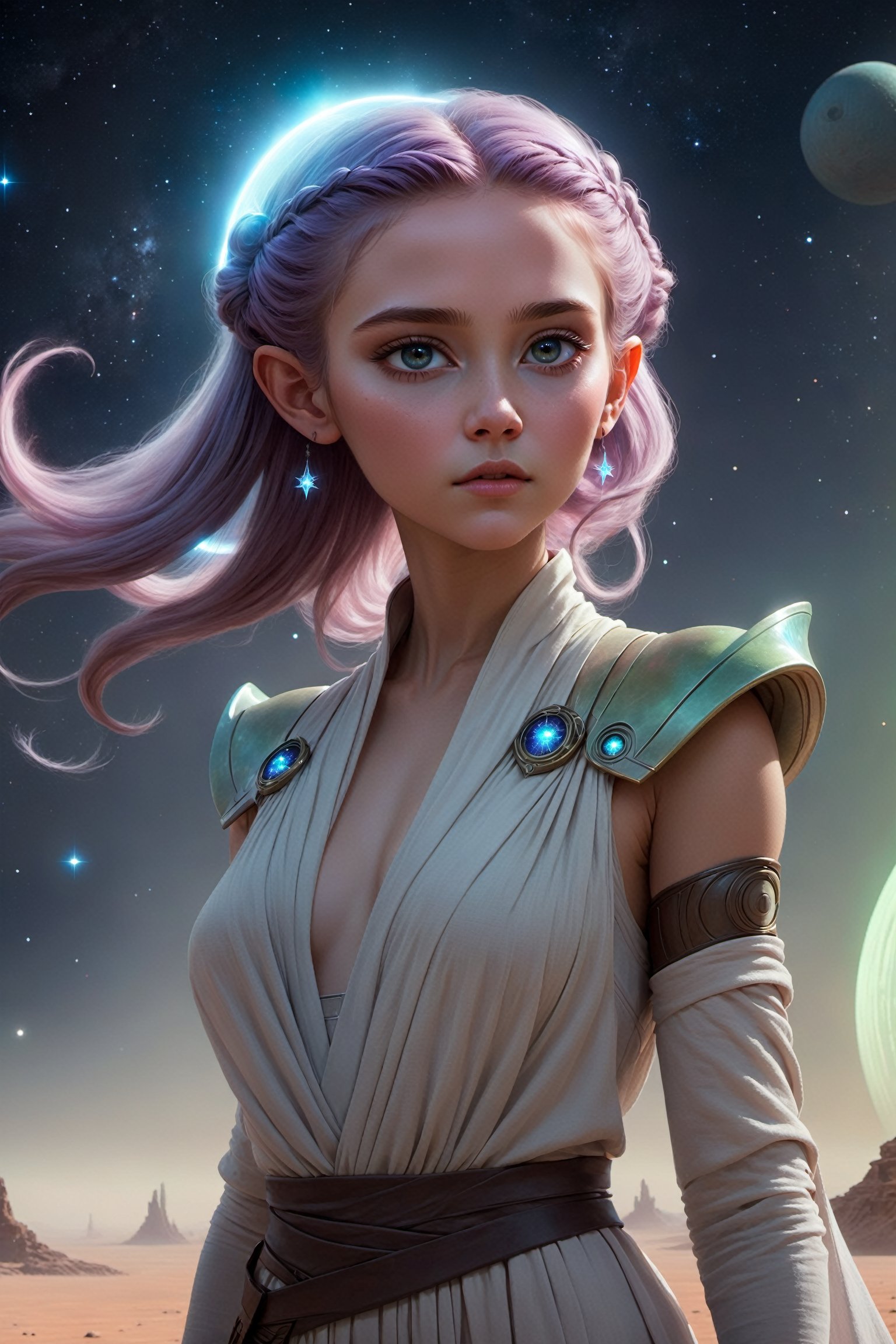 1girl, ethereal fantasy, concept art, bargandi hair, alien planet, Star Wars, magnificent, conservative cloths, beautiful face, celestial, ethereal, epic, majestic, magical, fantasy, 🏜️