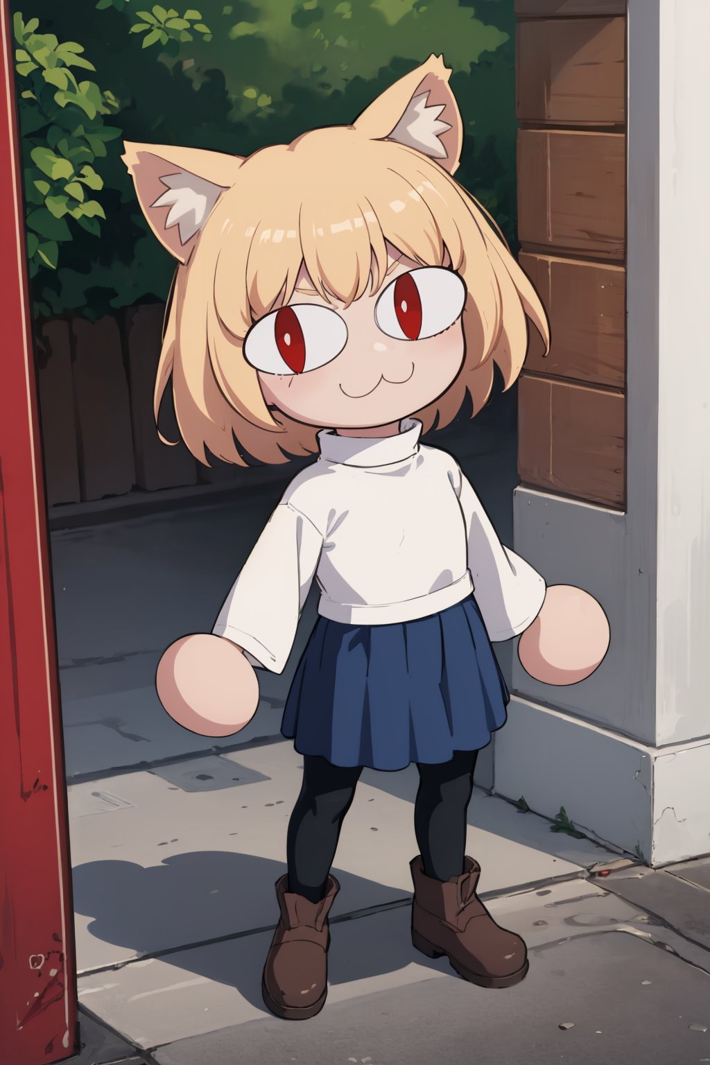 (masterpiece, best quality:1.2),  <lora:necoarc:1>, necoarc, slit pupils, cat ears, blonde hair, red eyes, chibi, 1girl, solo, white turtleneck, blue skirt, pleated skirt, brown footwear, pantyhose, outdoors, looking at viewer, 