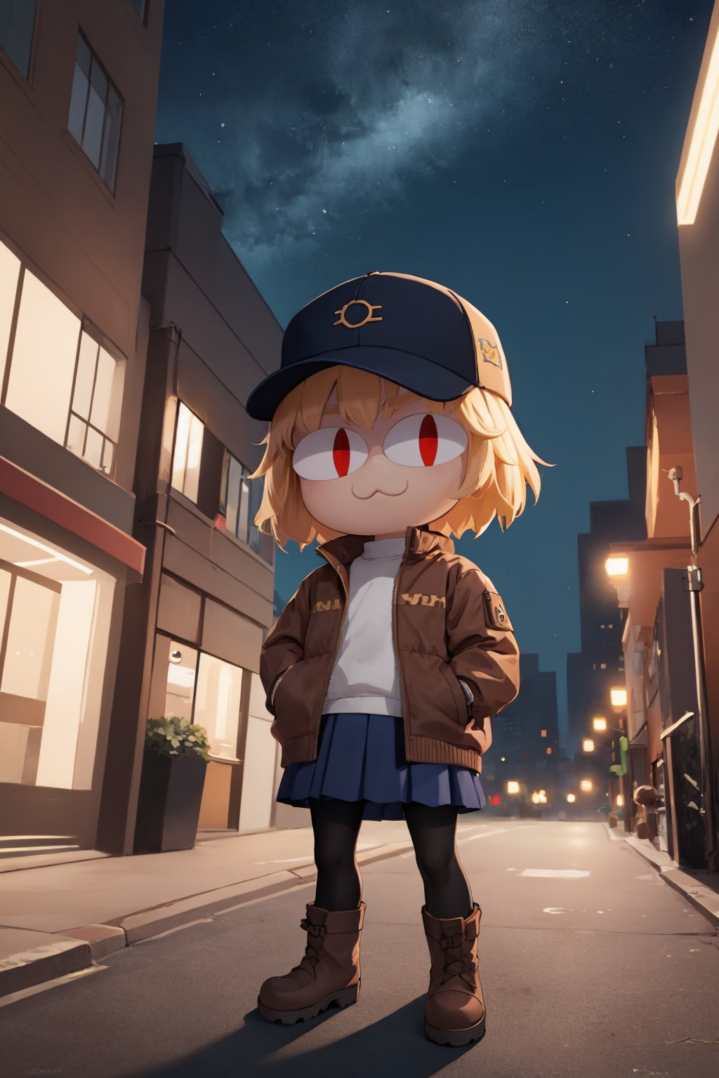 (masterpiece, best quality:1.2),  <lora:necoarc:1>, necoarc, slit pupils, cat ears, blonde hair, short hair,  red eyes, chibi, :3, 1girl, solo, outdoors, city, night sky, baseball cap, down jacket, looking at viewer, brown footwear, hands in pockets, blue skirt, pantyhose, pleated skirt, brown jacket, boots,