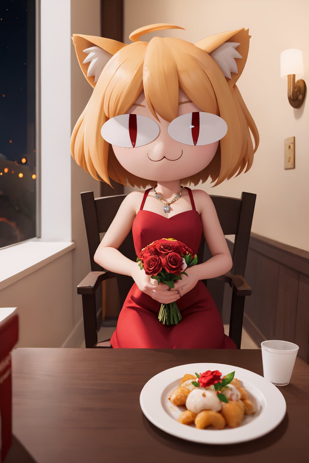 (masterpiece, best quality:1.2),  <lora:necoarc:1>, necoarc, slit pupils, cat ears, blonde hair, short hair,  red eyes, chibi, :3, 1girl, solo, indoors, restaurant, pov across table, red dress, light particles, holding bouquet, looking at viewer, necklace, night, sitting, dress straps, chair,