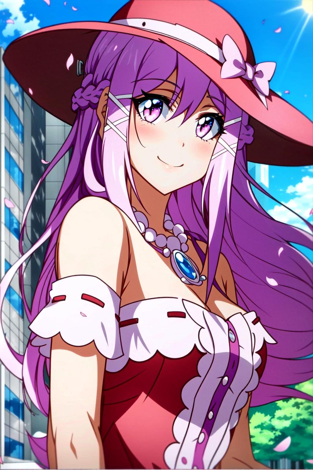 <lora:OGTY_Xia_Zitong-v2:1> Xia Zitong, 1girl, solo, long hair, hat, jewelry, ribbon, purple eyes, sun hat, hair between eyes, pink hair, necklace, hair ribbon, looking at viewer, upper body, purple hair, white ribbon, cloud, petals, sky, day, outdoors, pink eyes, hour glass body, by a building, mouth closed, smile ((Extremely Detailed)), ((Best Quality)), ((Masterpiece)), ((4k)) 