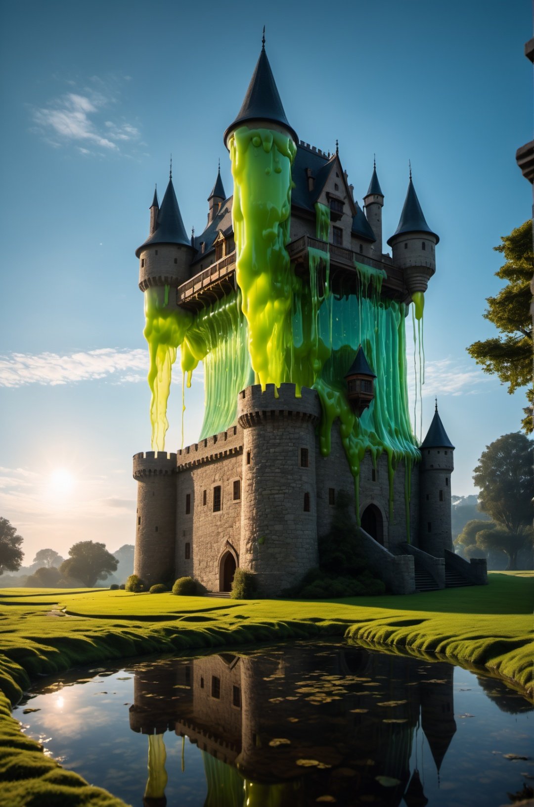 A translucent slime is in the castle,..,Full-length photo, Surrealism, from below, Nikon, Surrealism, backlighting, backlighting, cinematic lighting, 8k, super detail, high quality, high details, UHD, award winning,, UHD, retina, masterpiece, ,, super detail, award winning, best quality, high quality, high details, highres, 16k,solo