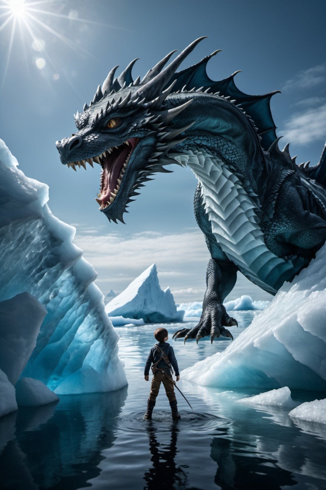  Dragon, Iceberg,Full-length photo, combat posture, Surrealism, from below, Nikon, Surrealism, backlighting, 8k, super detail, high quality, high details, UHD, award winning, textured skin, anatomically correct,1boy,