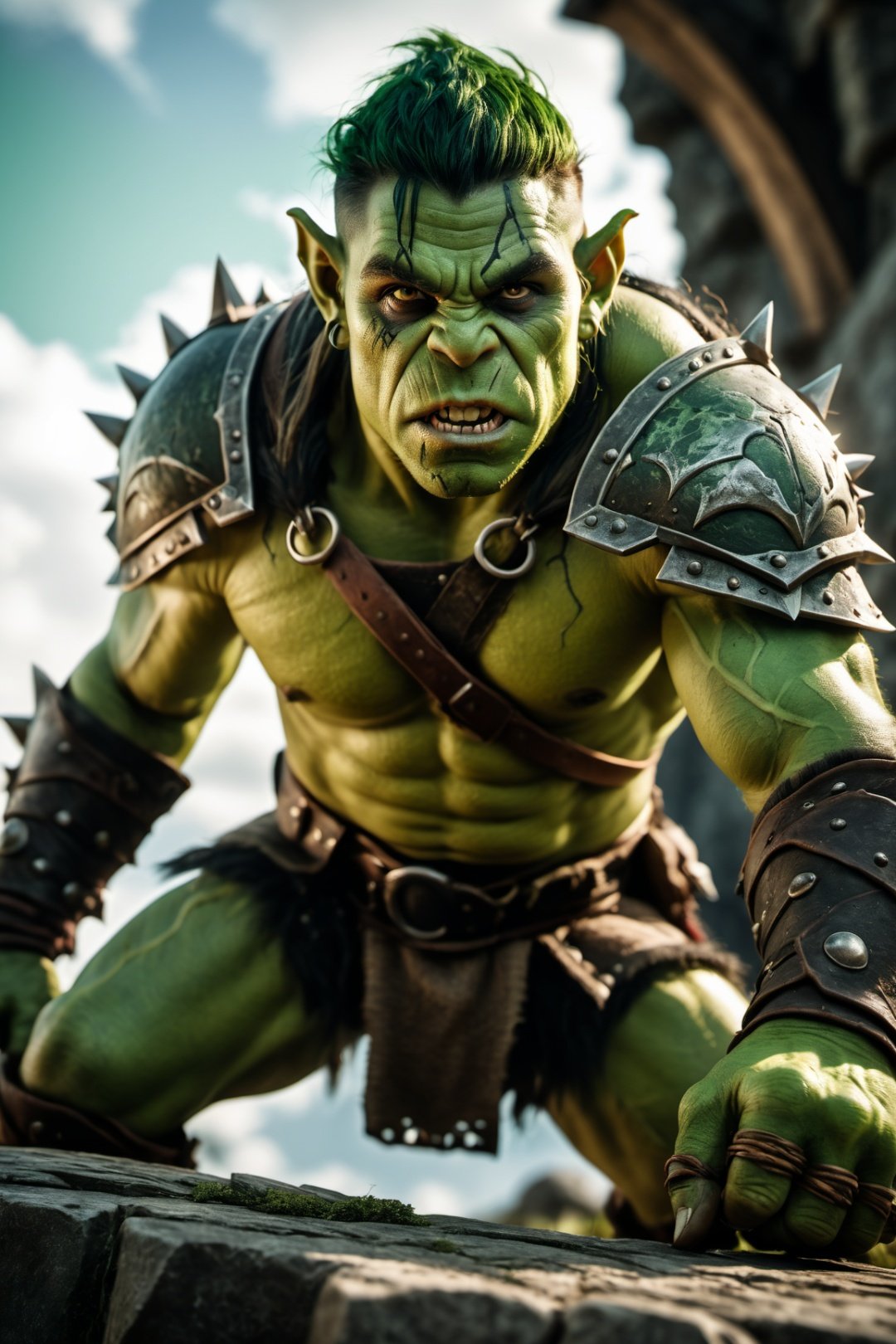 Orcs with green skin,Full-length photo, combat posture, Surrealism, from below, Nikon, Surrealism, backlighting, 8k, super detail, high quality, high details, UHD, award winning, textured skin, anatomically correct,1boy,